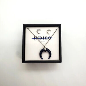 Indigo Authority Navy Crescent Moon Necklace and Silver Earrings Set